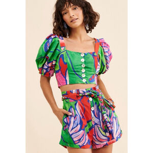 Farm Rio Tropical Bunch Puff Sleeve Crop Top Women’s Size XS Button Up Vacay